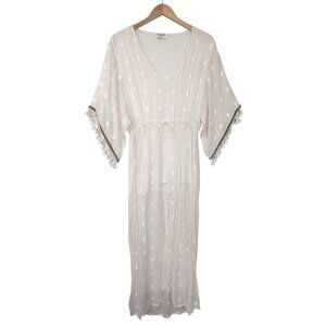 Harper New York Maxi Dress Womens S Cream Polkadot Fringe Sheer Boho Chic Beachy